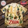 Legend of Zelda 40th anniversary button-down shirt featuring a collage of Link character iterations on a tan fabric background.!