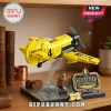 Yellow and black brick-built racing plane model with NR77V marking and a Rocketeer minifigure on a display stand.!