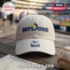 Beige cotton adjustable 47 brand baseball cap featuring blue embroidered Skydome logo on a wooden stadium bench.!