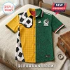 Split-design short sleeve button-up shirt featuring yellow grid cow print on left and green Mexico soccer team jersey art.!