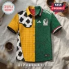 Split design button-up shirt featuring yellow grid cow pattern on left and green Aztec Mexico soccer motif on right.!