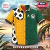 Split-design short sleeve button-up shirt featuring yellow cow print on one side and green Mexico national team graphics.!