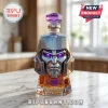 Megatron head glass decanter filled with amber liquid, featuring purple LED eyes, a purple Decepticon logo, and gold text.!