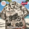 Triumph motorcycle print Hawaiian shirt featuring line art of bikes, UK landmarks, and vintage speedometer on beige fabric.!