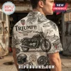 Triumph motorcycle print short-sleeve shirt with vintage British sketch graphics on a cream fabric background.!