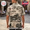 Mens short-sleeve button-down shirt featuring black ink sketch of a Triumph motorcycle, Union Jack, and retro gauges.!