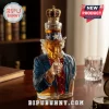 Uncle Sam shaped glass whiskey decanter with blue jacket, red vest, white star hat, and a metallic gold crown stopper.!