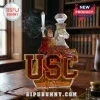 USC themed glass decanter featuring a Trojan warrior on horseback with Fight On! and EST 1880 text on a wooden desk.!