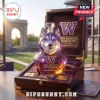 Faceted purple crystal Husky decanter in a wooden presentation box with University of Washington branding and text.!