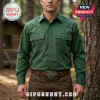 Man wearing a green long-sleeve button-down forest ranger uniform shirt with a brass US Forest Service belt buckle.!