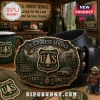 U.S. Forest Service metal belt buckle featuring a shield, pine tree, lookout tower, vehicle, and eagle on black leather belt.!