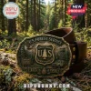 U.S. Forest Service metal belt buckle with embossed pine tree, lookout tower, vehicle, and shield logo on brown leather.!