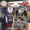 USA Soccer bald eagle figurine in armor standing on a soccer ball with a matching collector box in a stadium background.!