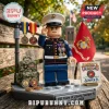 US Marine Corps minifigure in dress blues saluting with medals, digital camo backpack, and America 250 display sign.!