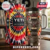 Van Halen branded stainless steel tumbler with tie-dye pattern, guitar bridge motif, and black lid with straw.!