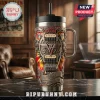 Van Halen stainless steel travel mug featuring guitar bridge, strings, tie-dye pattern, and embossed band logo text.!