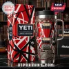 Yeti tumbler in red, black, and white striped guitar design with metal sculpted fretboard, 5150 text, and straw lid.!