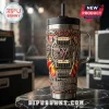 Van Halen themed stainless steel tumbler with 3D embossed guitar, tie-dye pattern, and metal gear accents on marble table.!