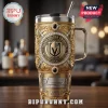 Vegas Golden Knights themed gold stainless steel tumbler with engraved filigree, diamond accents, and T-Mobile Arena graphic.!