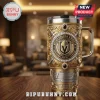 Gold stainless steel tumbler featuring Vegas Golden Knights logo, crossed swords, crystal accents, and T-Mobile Arena graphic.!