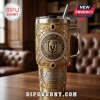 Gold stainless steel Yeti tumbler with Vegas Golden Knights logo, decorative filigree, sword accents, and T-Mobile Arena.!