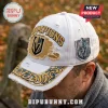 White distressed baseball cap featuring gold Champions text and a Vegas Golden Knights helmet logo.!
