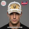 White distressed Vegas Golden Knights Western Conference Champions baseball cap with gold embroidery on a male model.!