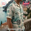 Short-sleeve button-down shirt featuring teal and beige Italian coast motif with vintage Vespa and travel stamps.!