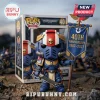 Funko Pop Warhammer 40,000 Ultramarine Captain figure holding a 40th anniversary banner with gold details and box behind.!