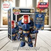 Funko Pop Warhammer 40,000 Ultramarine Captain 40th Anniversary vinyl figure holding a blue banner with gold text.!