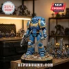 Warhammer 40k Ultramarine Space Marine action figure in blue power armor with gold trim, holding a bolter and chainsword.!