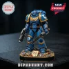 Warhammer 40k Ultramarine Space Marine brick figure in blue armor with gold trim, chainsword, and base with duty note.!