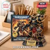 Warhammer 40,000 Chaos Space Marine brick-built figure and collector box on a wooden desk with gold base and metallic details.!