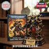 Warhammer 40,000 Chaos Space Marine brick-built figure with display box on a wooden shelf.!
