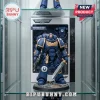 Warhammer 40k Ultramarines Primaris Space Marine action figure with gold eagle emblem, blue armor, and sword in display case.!