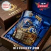 Warhammer 40th anniversary whiskey glass with Ultramarine helmet, boltgun, and gold lettering in a velvet-lined wooden box.!