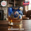 Warhammer 40k 40th anniversary glass featuring a blue Ultramarine space marine, gold eagle emblem, and gothic architecture.!