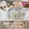 Disney 100 Years Winnie the Pooh oval ceramic serving platter featuring watercolor illustrations on a rustic wood table.!