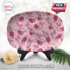 Oval ceramic plate featuring a repeating pink Piglet pattern from Winnie the Pooh, displayed on a black plastic stand.!