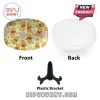 Oval ceramic plate featuring Winnie the Pooh pattern, light yellow background, pink balloons, and included black stand.!