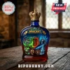 World of Warcraft themed blue glass whiskey bottle topped with a gold crown, featuring Illidan, Lich King, and factions.!