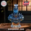 Lich King crystal decanter with blue LED eyes, wearing spiked armor marked 2004-2026 22nd Anniversary on wooden surface.!