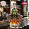 Faceted green orc bust whiskey decanter with shoulder armor featuring Horde logos and a hammer-shaped glass stopper.!