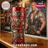 Red glass tumbler featuring embossed The Rock logo, Brahma Bull emblem, wrestling boots, and WWE championship belt motifs.!