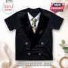 Black t-shirt featuring a printed tuxedo jacket graphic with a white collar and a yellow Minion character necktie.!