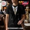 Black t-shirt featuring a printed double-breasted tuxedo graphic with a Minion character pattern necktie.!