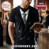Black short-sleeve cotton t-shirt with a printed faux tuxedo suit design, white collar, and abstract patterned necktie.!