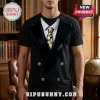 Black t-shirt featuring a printed double-breasted tuxedo graphic with a white collar and yellow Minion pattern necktie.!