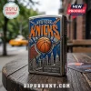 New York Knicks embossed metal lighter featuring basketball, city skyline, and text New York Forever Est 1946 on wood table.!