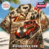 ZZ Top Eliminator button-up shirt featuring a vintage red hot rod, desert landscape, and band members on beige fabric.!